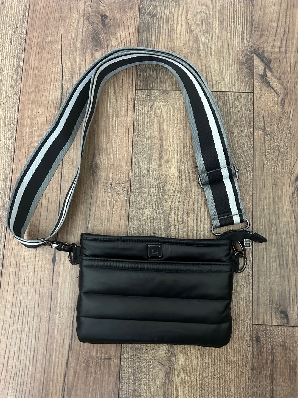 Think Royln Black Puffer Crossbody Bag Striped Adjustable Strap